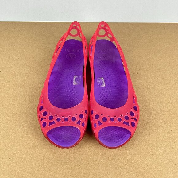 Crocs Adrina Jelly Ballet Flats Junior Girls 6 Pink Purple Circles Slip On Open - Picture 2 of 10